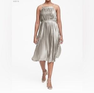 Banana Republic Metallic Silver Pleated Midi Dress, Size 8 petite